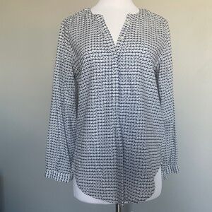 Joie White Blue Top Long Sleeve Geometric SquarePrint Casual Cotton Blouse Shirt
